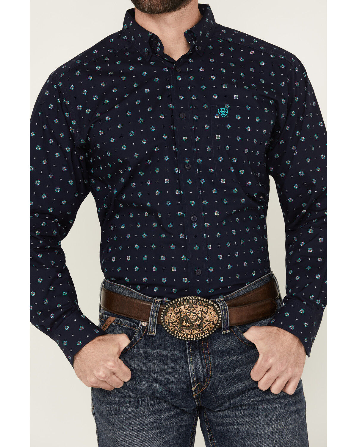 Image #3 - Ariat Men's Jacobi Geo Print Long Sleeve Button-Down Western Shirt, Navy, hi-res