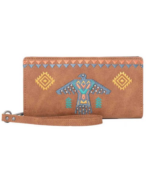 Montana West Women's Wrangler Embroidered Southwestern Thunderbird Wristlet Wallet, Brown, hi-res