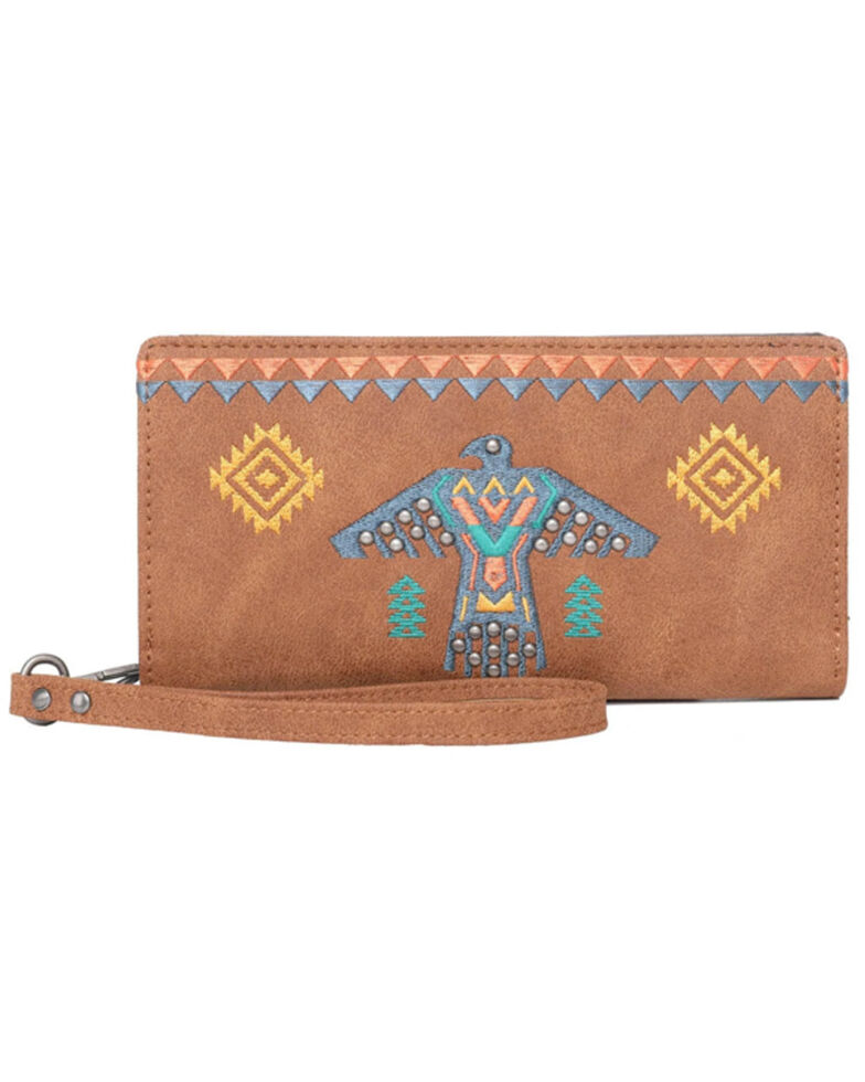 Montana West Women's Wrangler Embroidered Southwestern Thunderbird Wristlet Wallet, Brown, hi-res