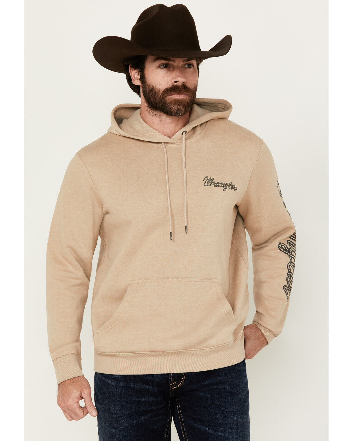 Image #1 - Wrangler Men's Logo Sleeve Hooded Sweatshirt, Beige, hi-res