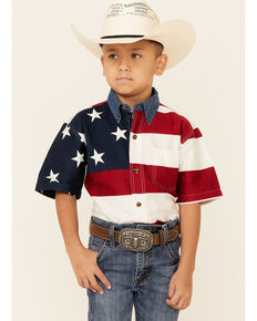 Roper Boys' Stars & Stripes Pieced American Flag Short Sleeve Button-Down Western Shirt , Red/white/blue, hi-res