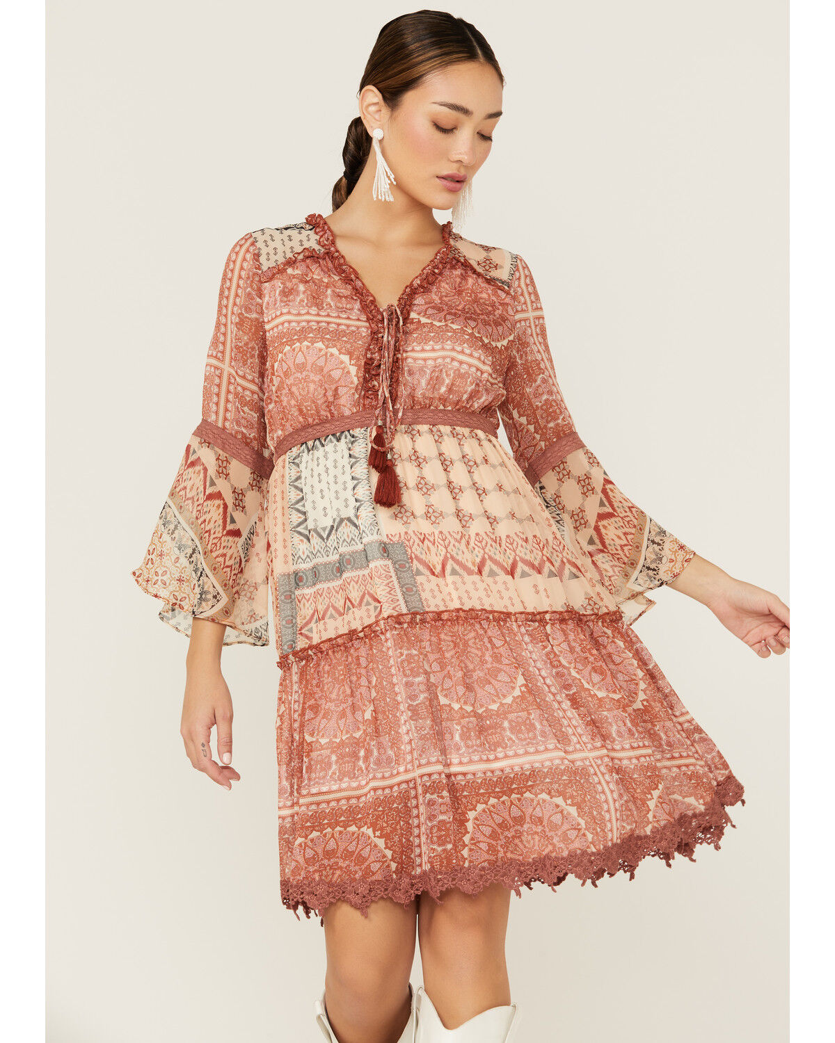 Image #1 - Miss Me Women's Patchwork Button Front Bell Sleeve Dress, , hi-res