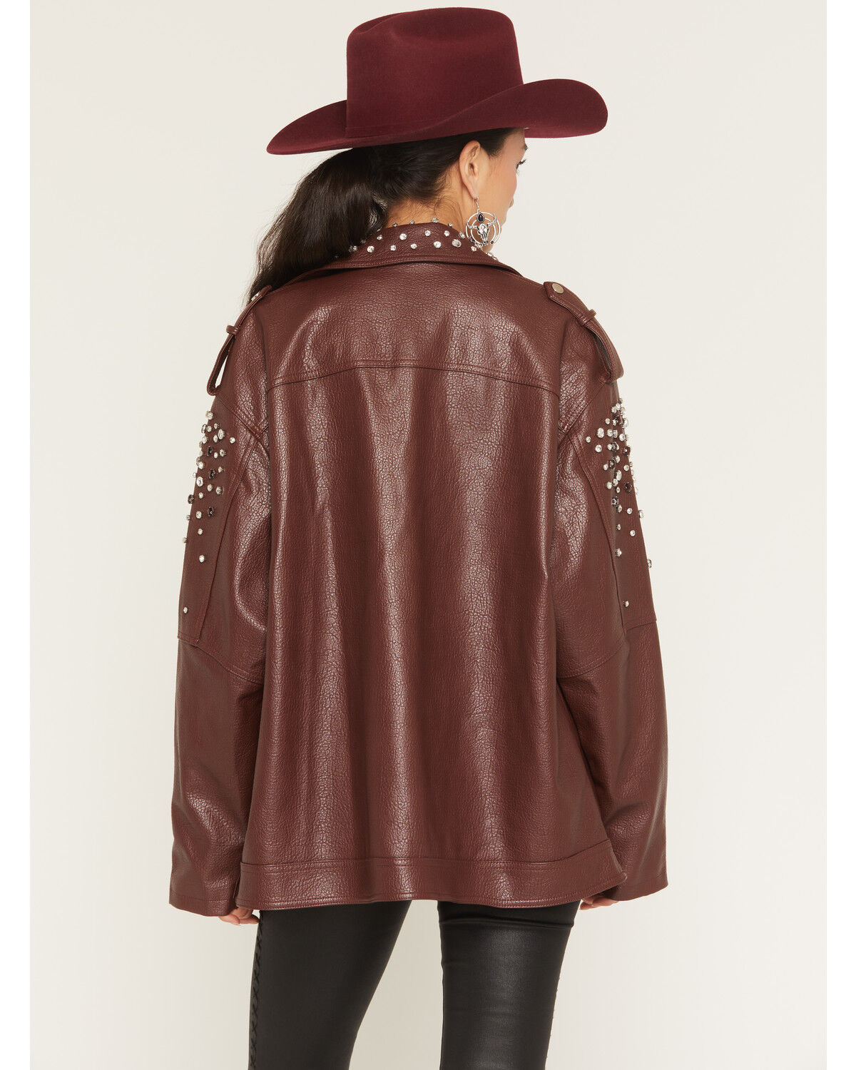 Image #4 - Azalea Wang Women's Catrine Studded Faux Leather Jacket, Burgundy, hi-res