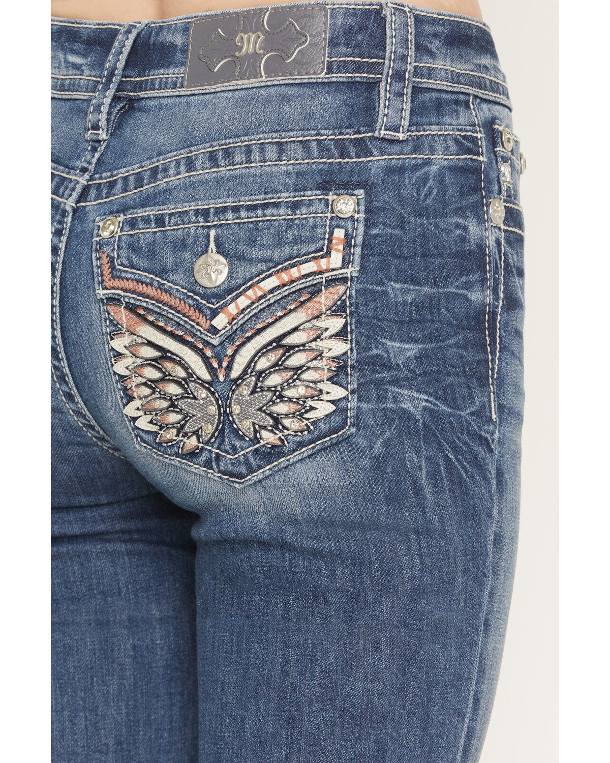 Image #2 - Miss Me Women's Medium Wash Mid Rise Wing Pocket 30" Bootcut Stretch Denim Jeans, Medium Wash, hi-res