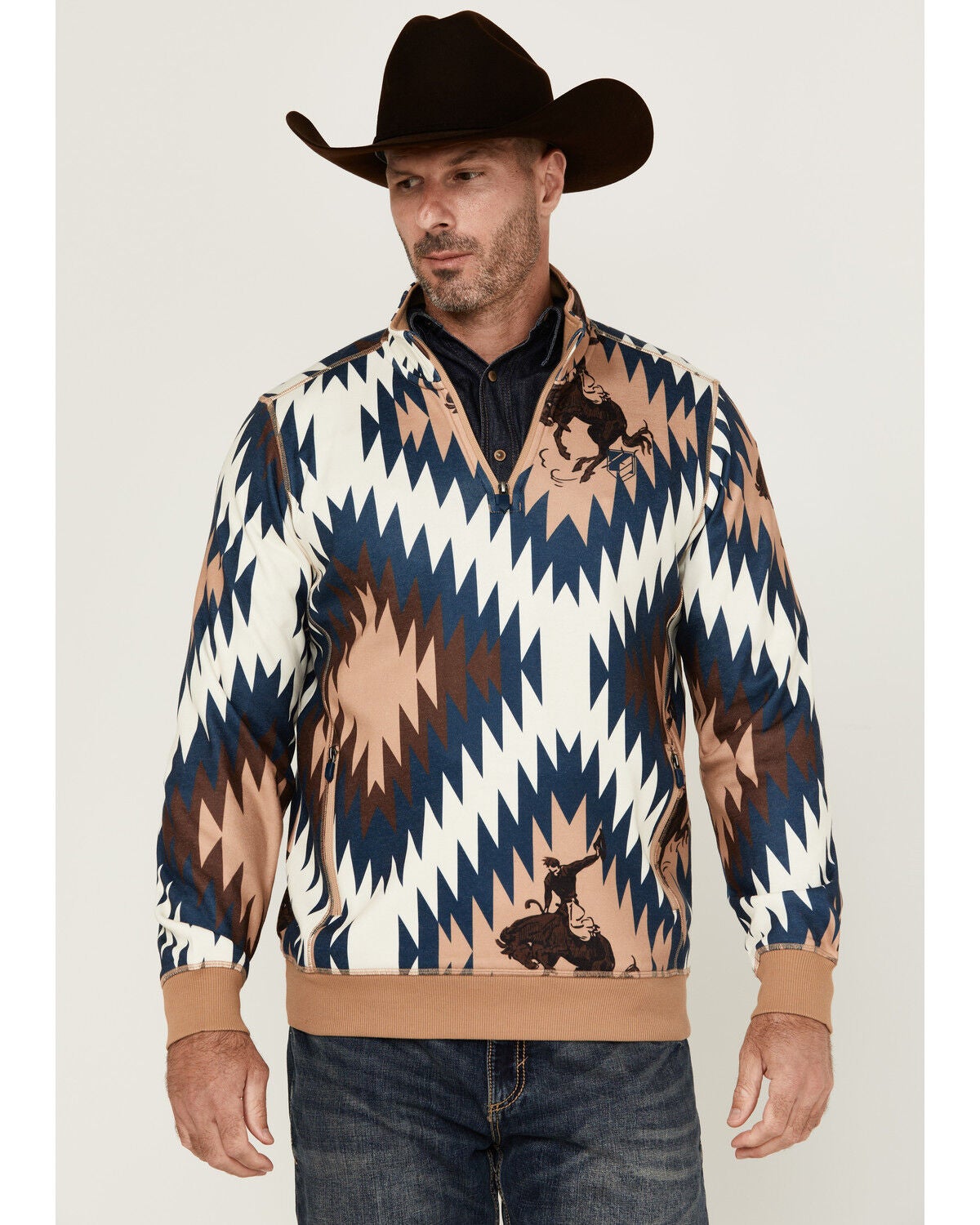 RANK 45&reg; Men's Southwestern Print 1/4 Zip-Up Pullover, Tan, hi-res