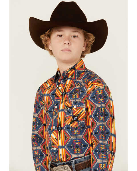 Image #2 - Rock & Roll Denim Boys' Dale Brisby Southwestern Print Long Sleeve Pearl Snap Western Shirt, Orange, hi-res