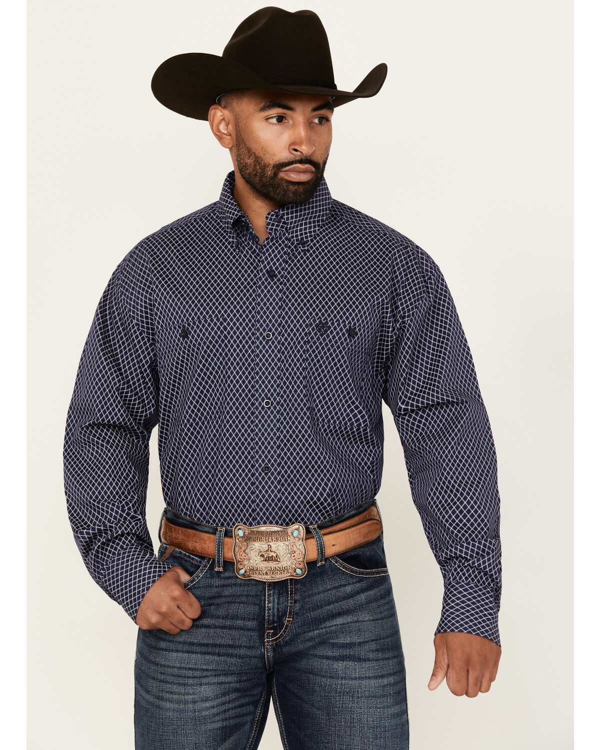 Image #1 - George Strait By Wrangler Men's Geo Print Long Sleeve Button-Down Stretch Western Shirt, Navy, hi-res