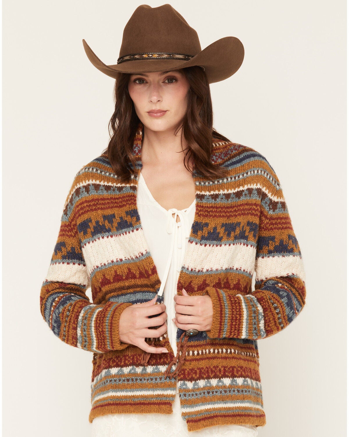 Cotton & Rye Women's Southwestern Striped Cardigan, Tan, hi-res