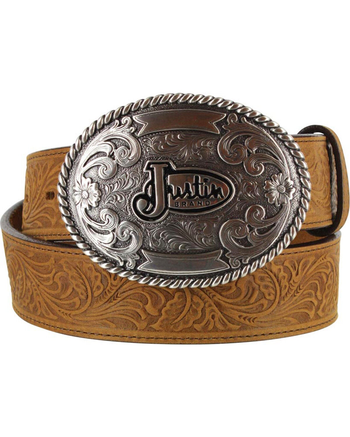 Justin Men's Floral Leather Trophy Belt, Brown, hi-res
