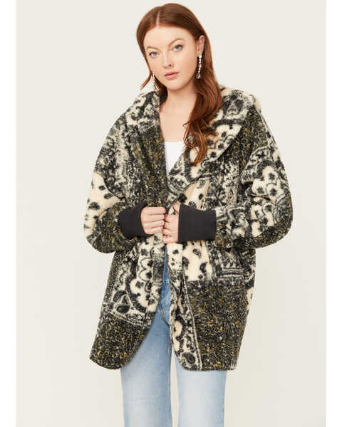 Mystree Women's Paisley Print Fur Hooded Jacket, Black, hi-res