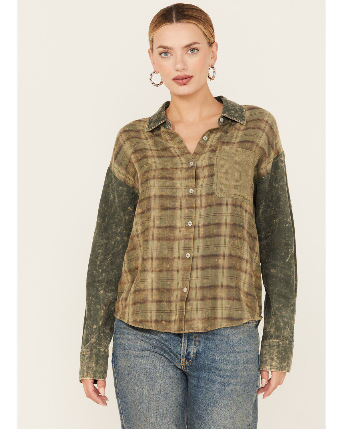 Image #1 - Mystree Women's Plaid Print Color Block Long Sleeve Button-Down Shirt, Green, hi-res