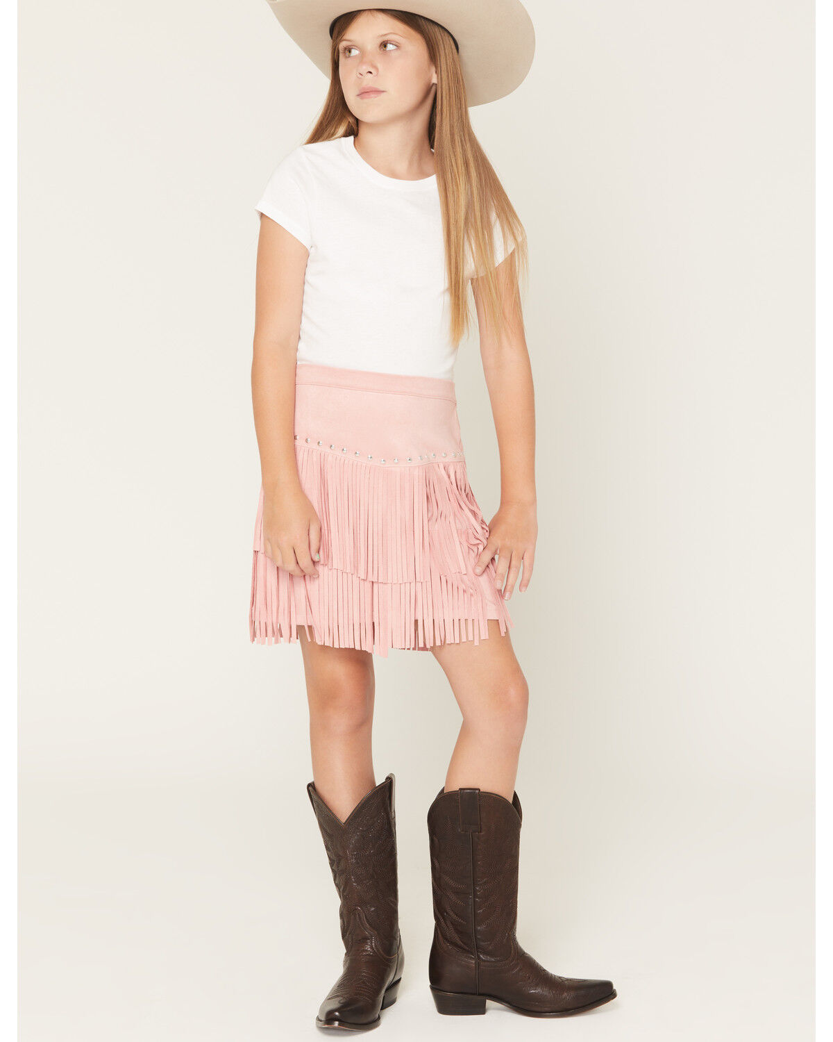 Image #1 - Shyanne Girls' Faux Suede Studded Fringe Mini Skirt, Pink, hi-res