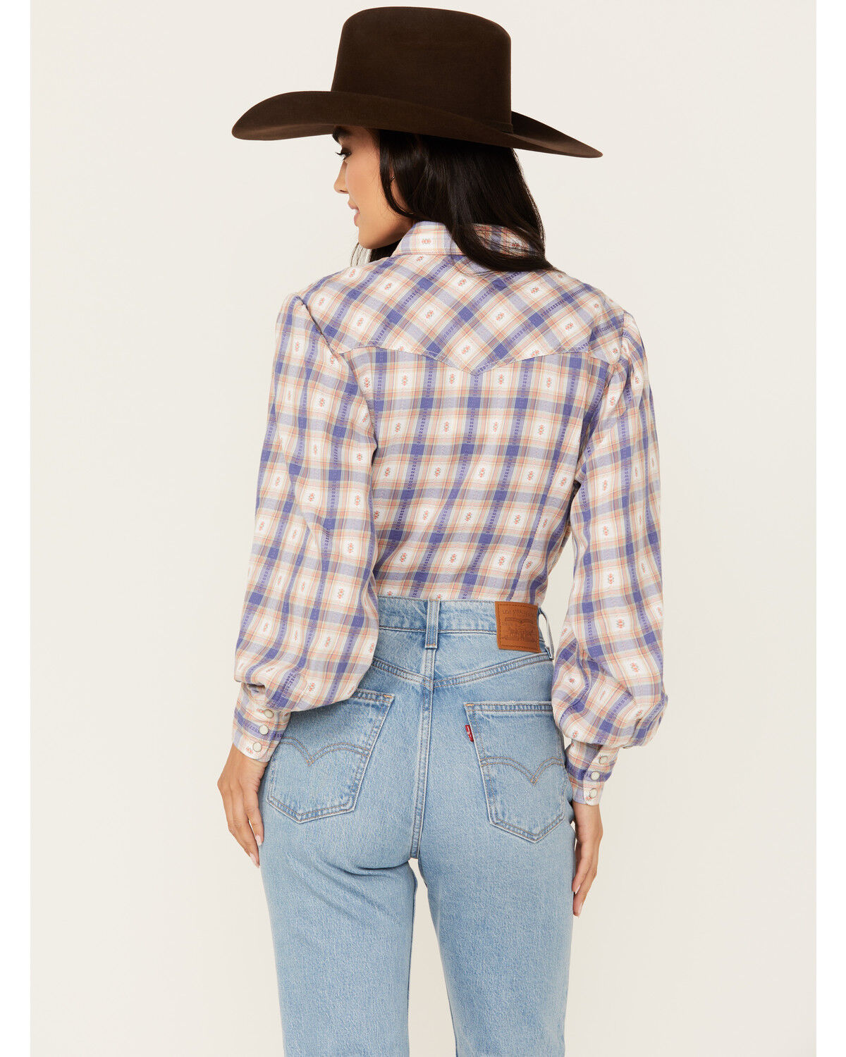Image #4 - Wrangler Women's Balloon Sleeve Plaid Print Snap Western Shirt, Medium Wash, hi-res