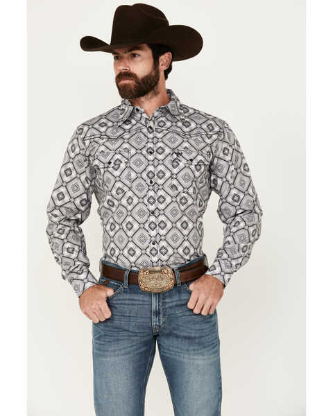 Image #1 - Cowboy Hardware Men's Diamond Southwestern Print Long Sleeve Snap Western Shirt, Charcoal, hi-res