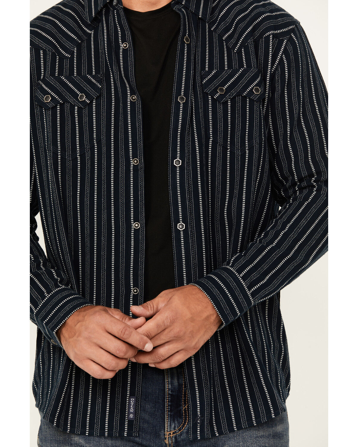 Image #3 - Moonshine Spirit Men's Record Deal Striped Long Sleeve Snap Western Shirt, Navy, hi-res