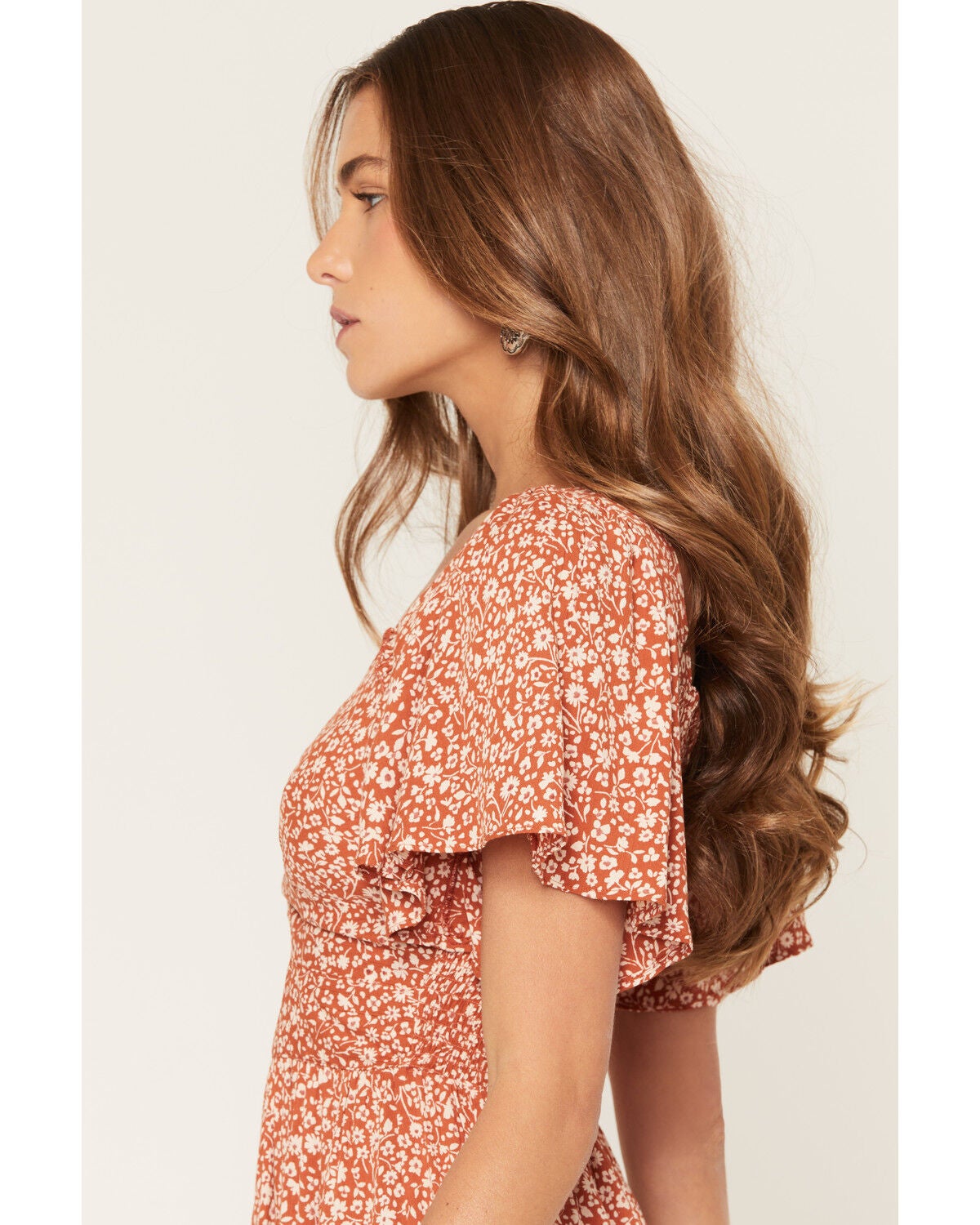 Image #2 - Angie Women's Floral Print Front Twist Midi Dress, Rust Copper, hi-res