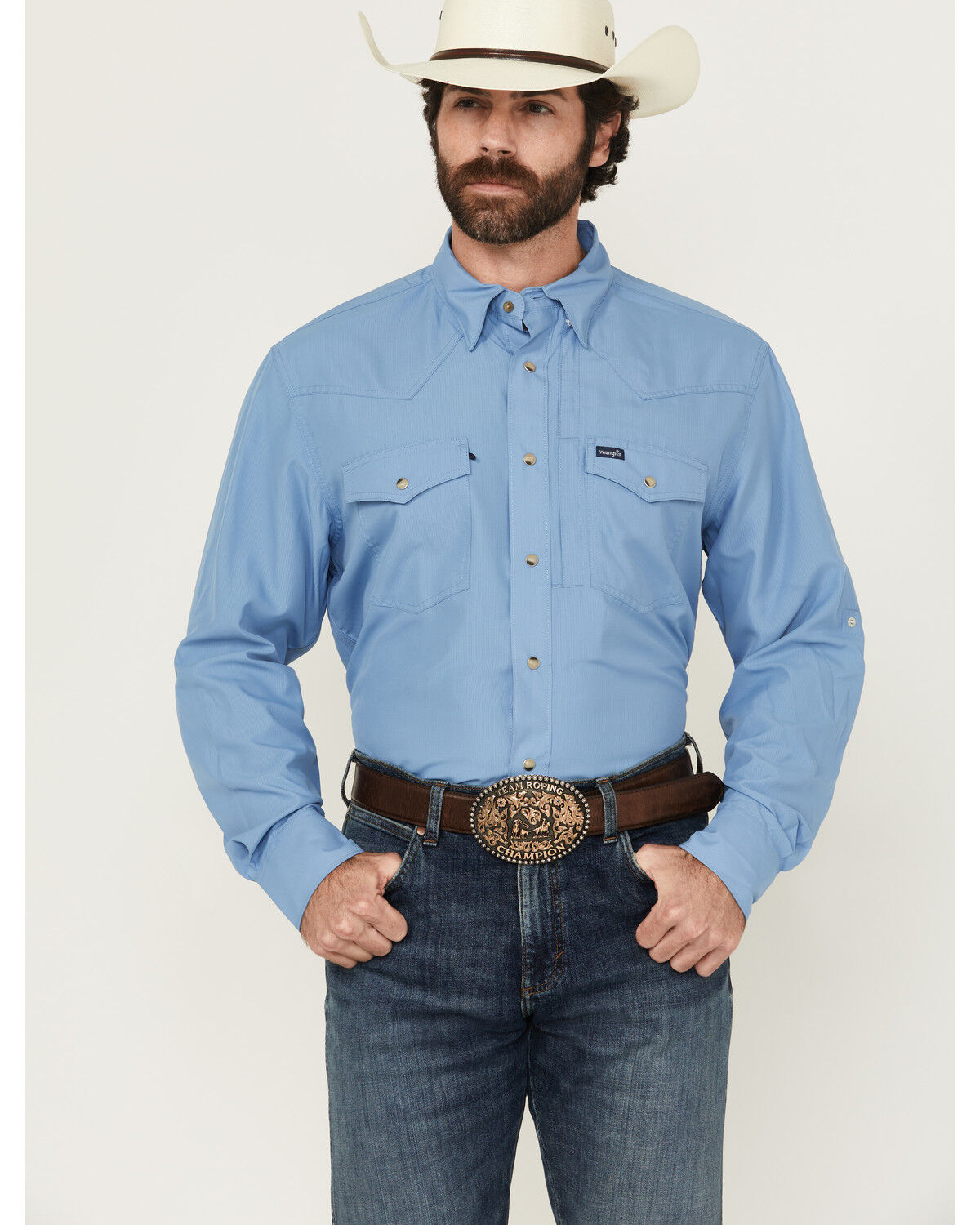 Image #1 - Wrangler Men's Solid Long Sleeve Snap Performance Western Shirt, Blue, hi-res