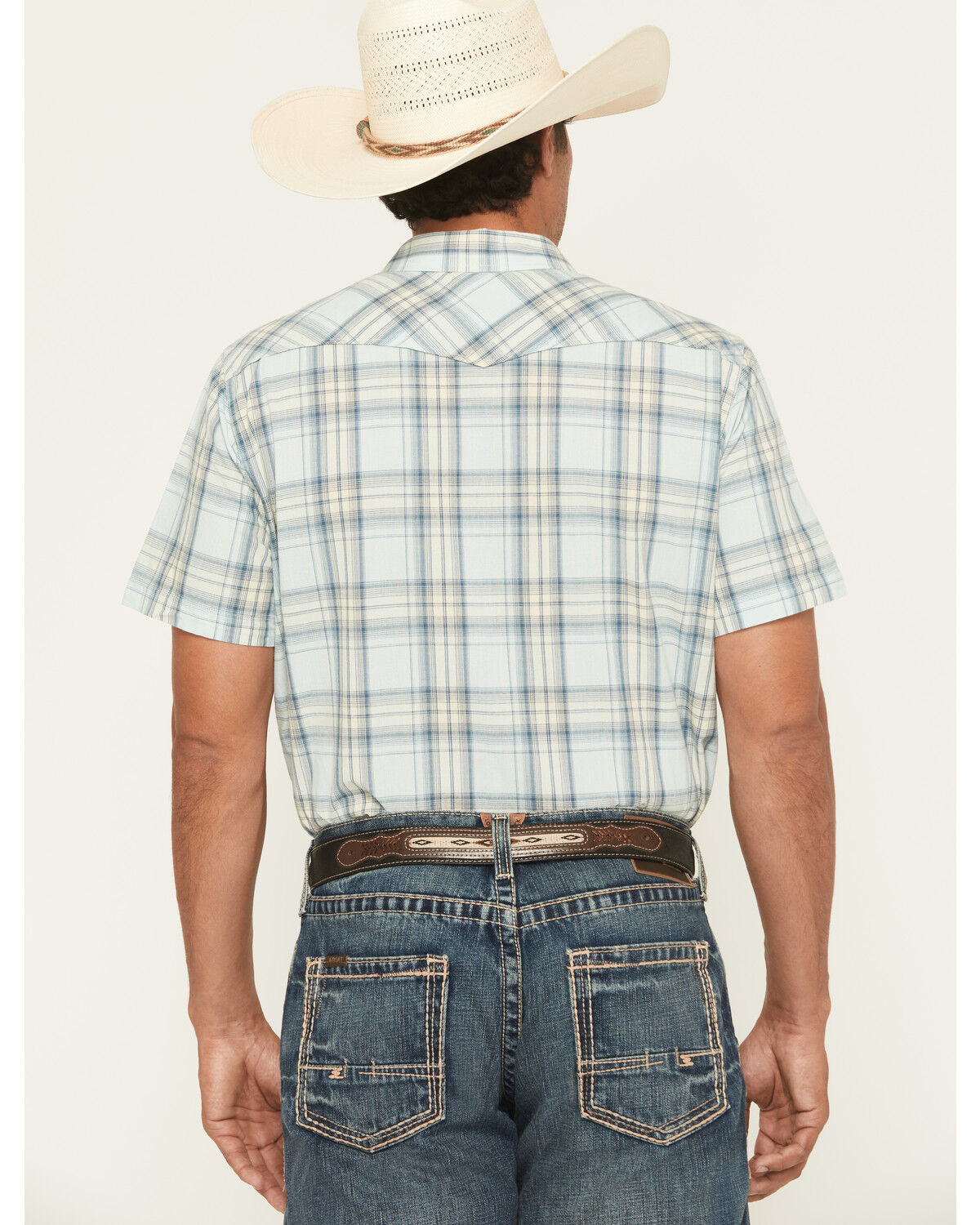 Image #4 - Ariat Men's Hinkle Retro Fit Plaid Print Short Sleeve Snap Western Shirt, Aqua, hi-res