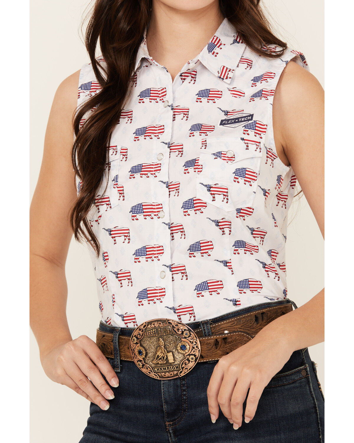 Image #3 - Rough Stock by Panhandle Women's American Flag Sleeveless Pearl Snap Stretch Western Shirt, White, hi-res