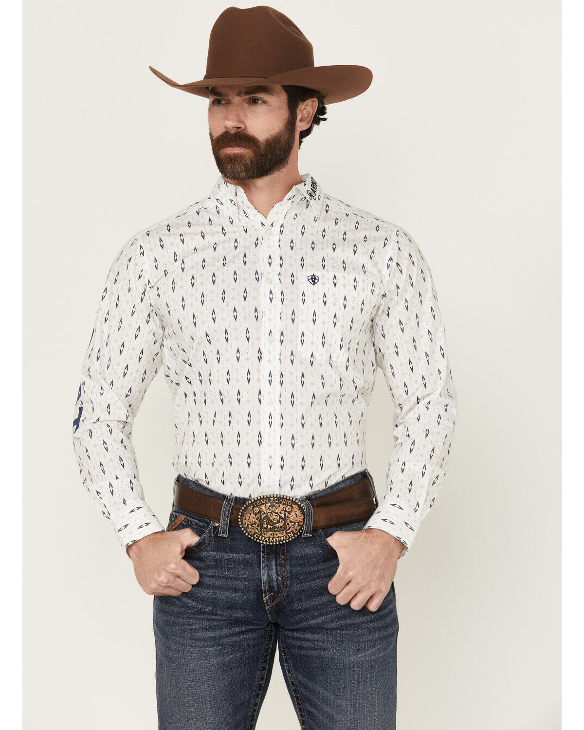 Image #2 - Ariat Men's Team Perkins Geo Print Long Sleeve Button-Down Western Shirt, White, hi-res