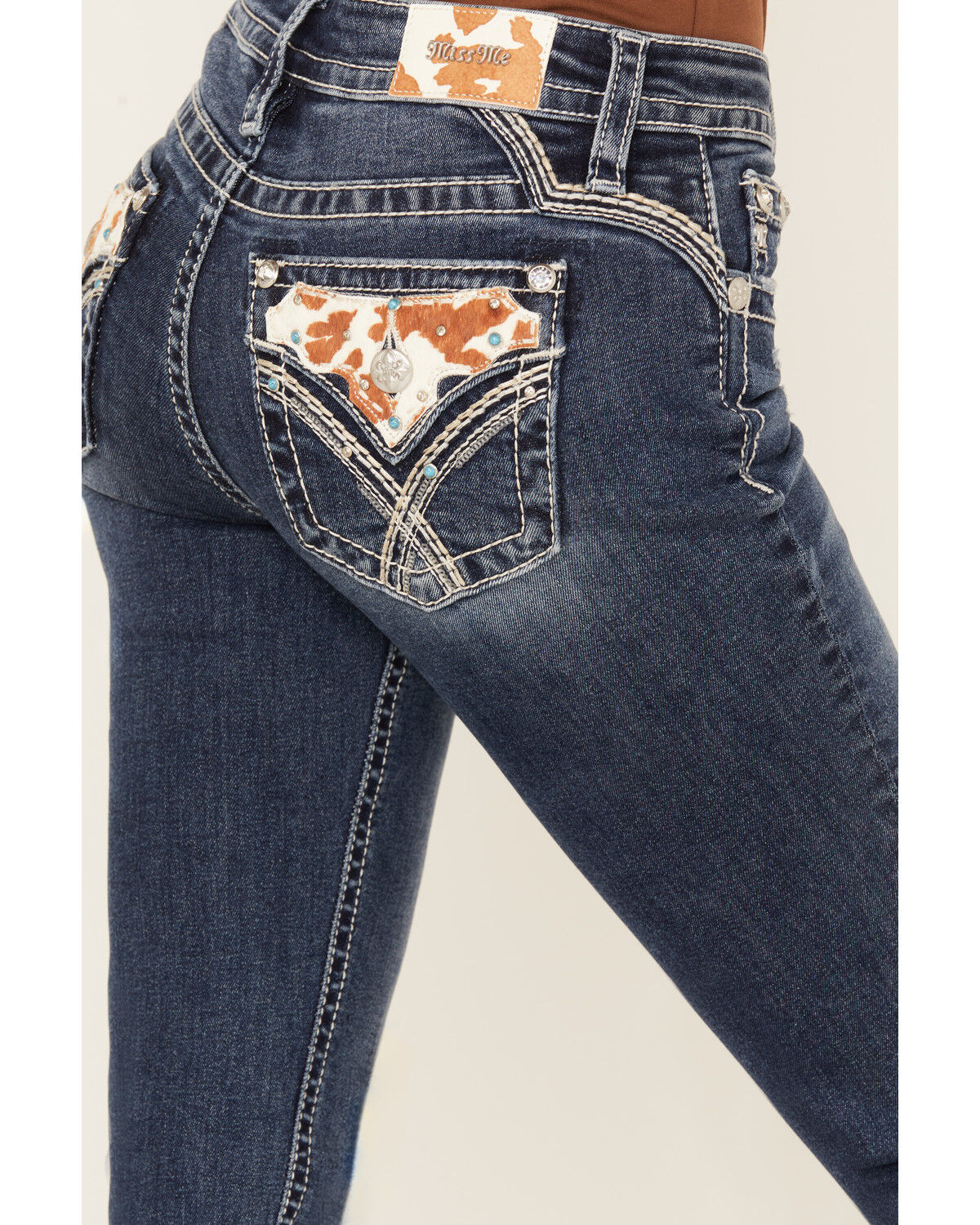 Image #2 - Miss Me Women's Medium Wash Mid Rise Cowhide Pocket 32" Bootcut Stretch Denim Jeans, Medium Wash, hi-res