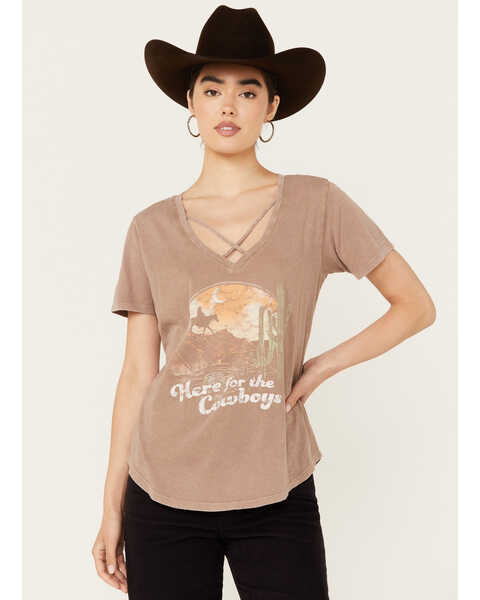 Image #1 - White Crow Women's Here For The Cowboys Short Sleeve Graphic Tee, Brown, hi-res