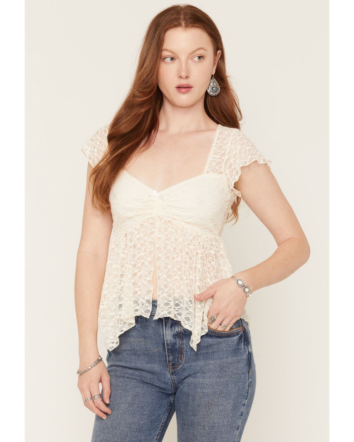 Image #1 - Ash & Violet Women's Lace Fly Away Short Sleeve Shirt, Ivory, hi-res