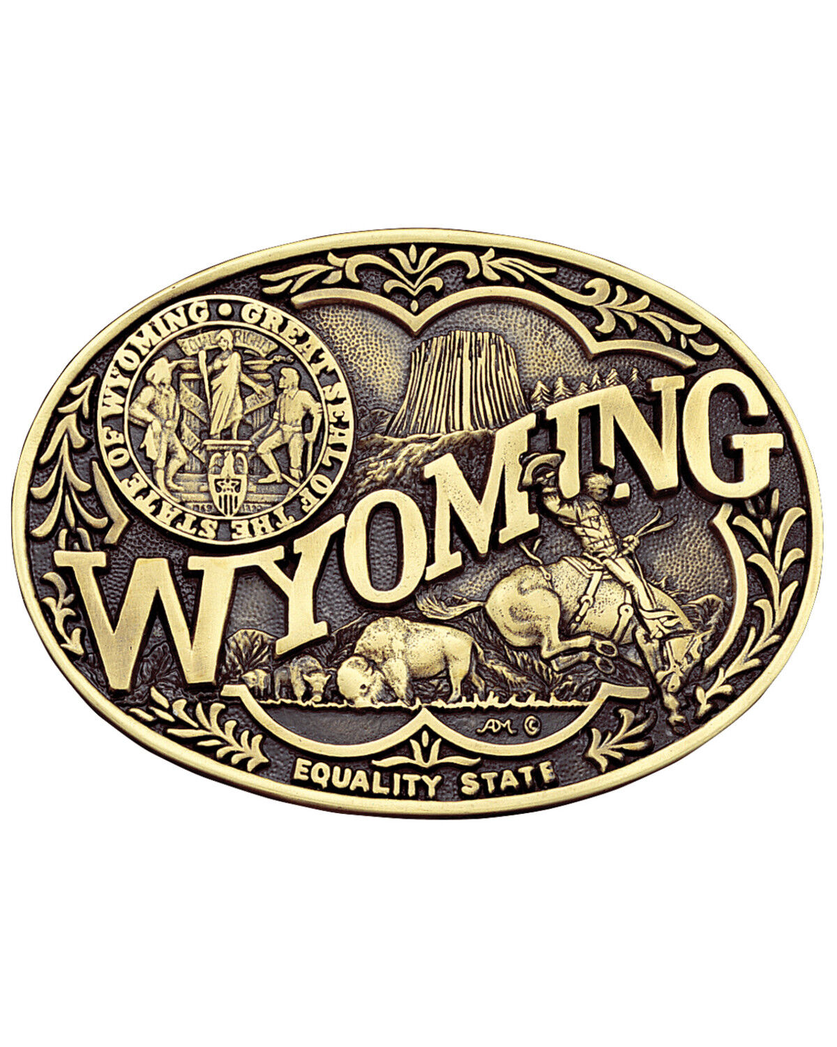 Image #1 - Montana Silversmiths Men's Wyoming State Heritage Attitude Belt Buckle, Gold, hi-res