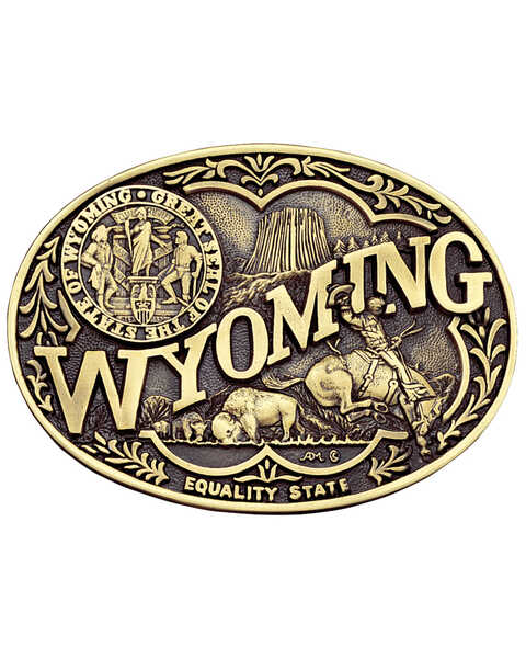 Montana Silversmiths Men's Wyoming State Heritage Attitude Belt Buckle, Gold, hi-res