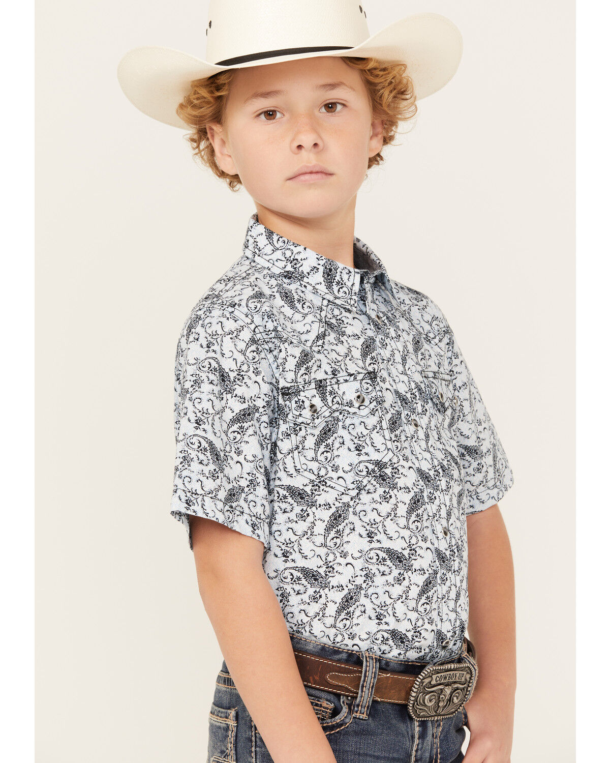 Image #2 - Cody James Boys' Paisley Print Short Sleeve Snap Western Shirt, Navy, hi-res