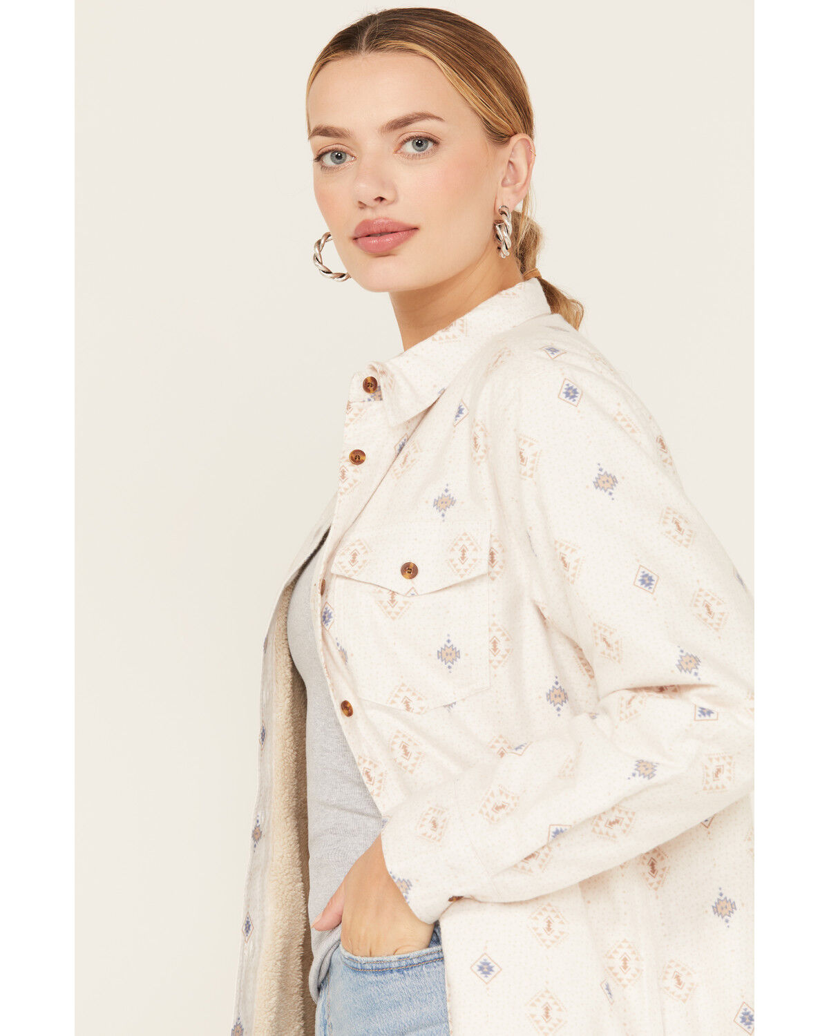 Image #2 - Ely Walker Women's Southwestern Print Sherpa Lined Flannel, Oatmeal, hi-res