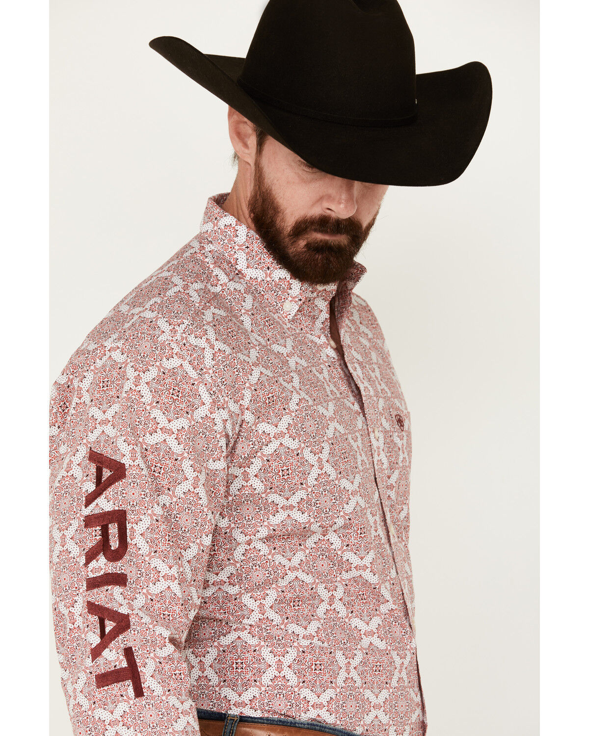 Image #3 - Ariat Men's Boot Barn Exclusive Clifford Logo Twill Medallion Long Sleeve Button-Down Western Shirt, Red, hi-res