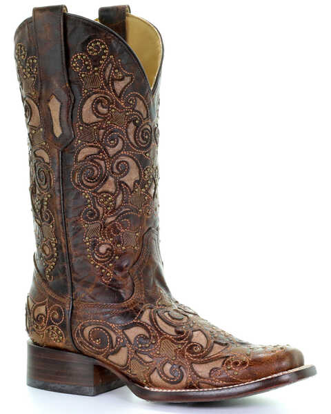 Corral Women's Inlay and Stud Accents Boots - Square Toe , Brown, hi-res