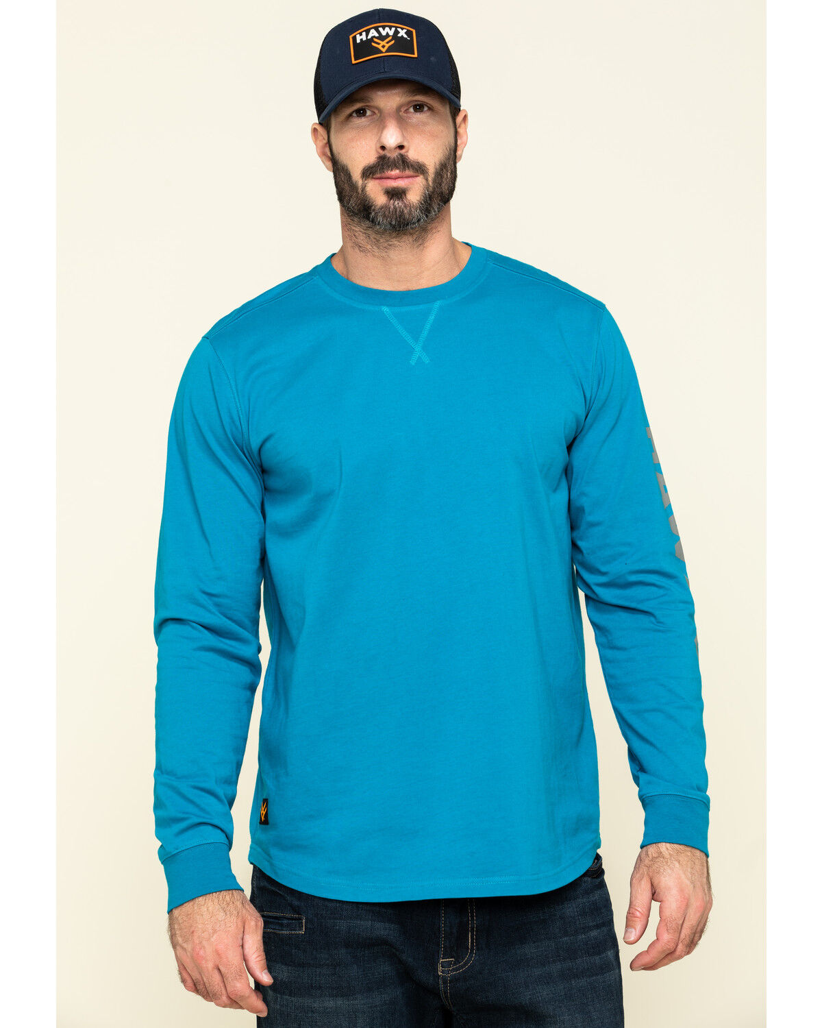 Image #1 - Hawx Men's Teal Sleeve Logo Long Sleeve Work T-Shirt - Tall, Teal, hi-res