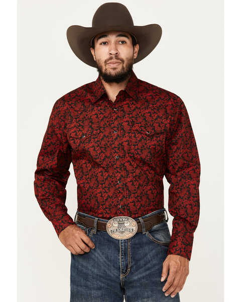 Rodeo Clothing Men's Paisley Print Long Sleeve Snap Western Shirt, Red, hi-res