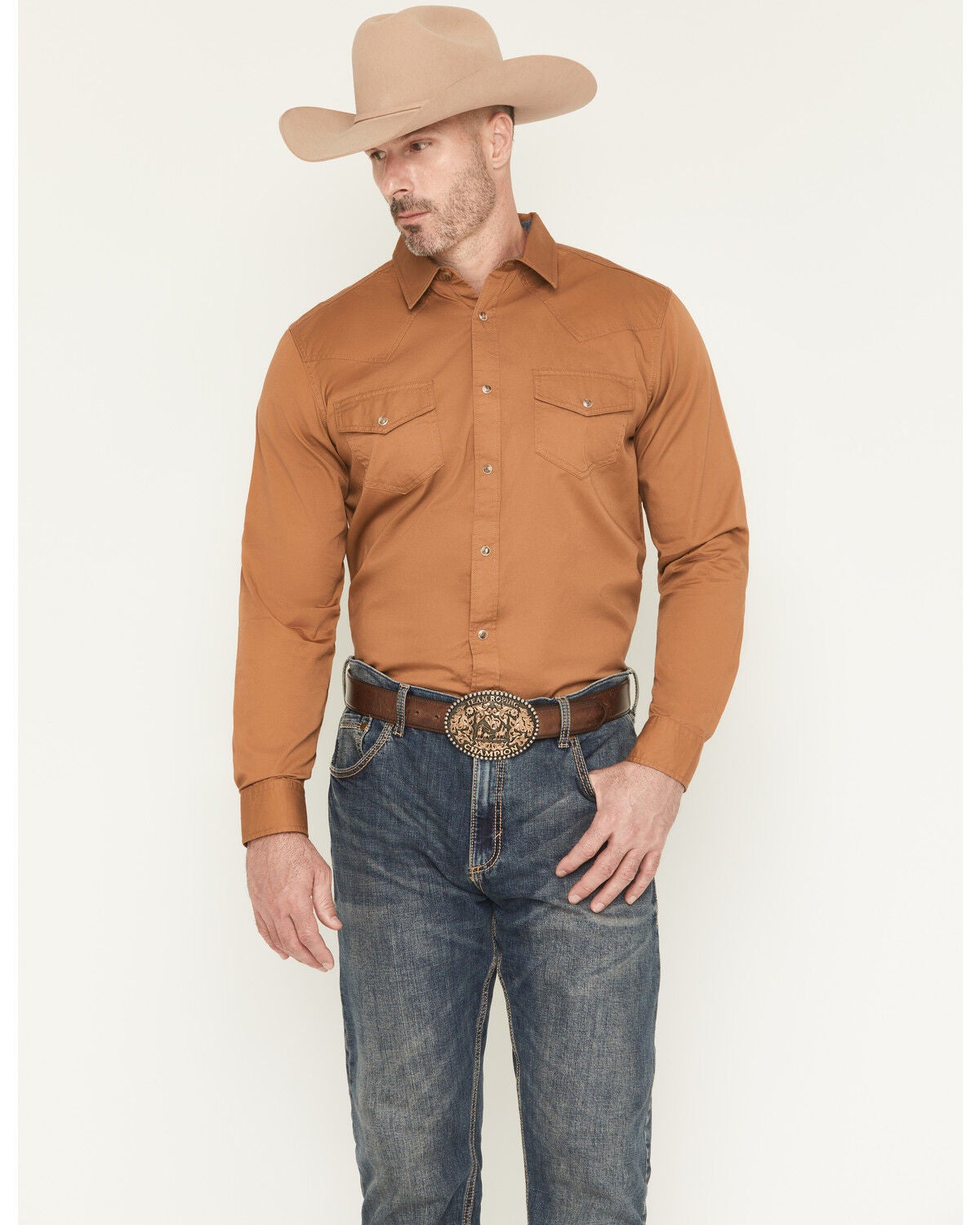 Cody James Men's Treadstone Solid Long Sleeve Snap Western Shirt, Camel, hi-res