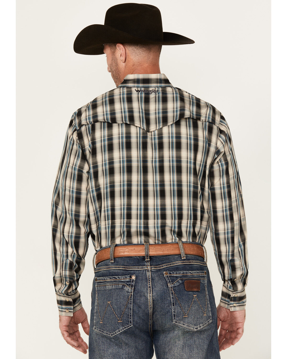 Image #4 - Wrangler Men's Plaid Print Long Sleeve Snap Performance Western Shirt, Black, hi-res