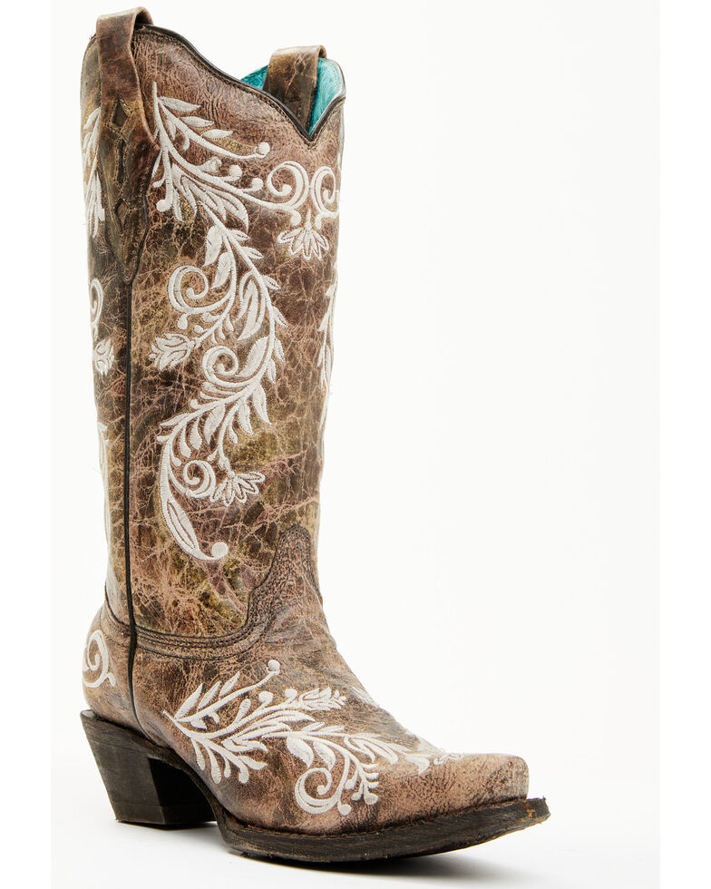 Corral Women's Glow White Embroidered Western Boots  - Snip Toe, Brown, hi-res