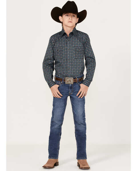 Image #2 - Panhandle Boys' Woven Stripe Print Long Sleeve Western Snap Shirt, Light Blue, hi-res