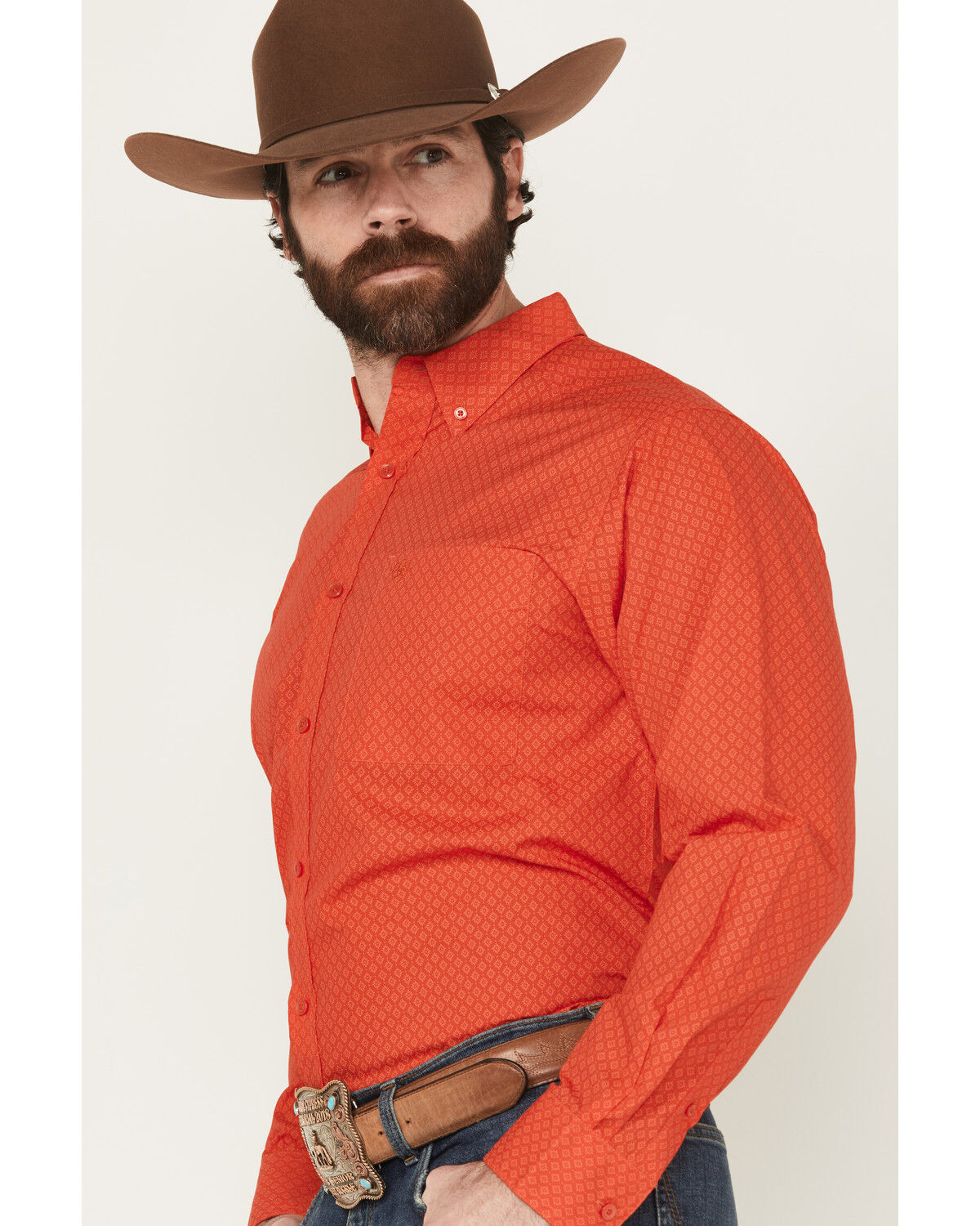 Image #2 - Ariat Men's Waylen Geo Print Long Sleeve Button-Down Western Shirt, Red, hi-res