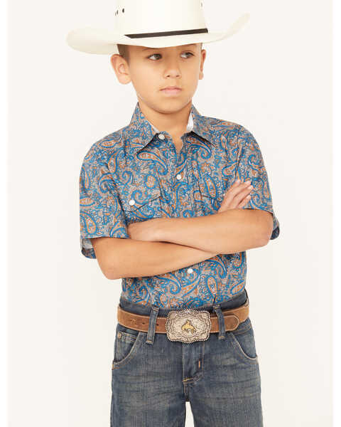 Roper Boys' Amarillo Paisley Print Short Sleeve Western Pearl Snap Shirt, No Color, hi-res