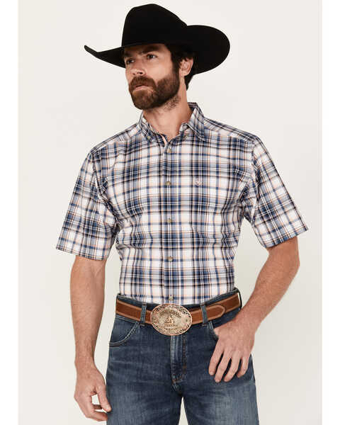 Image #1 - Ariat Men's Olsen Plaid Print Fitted Short Sleeve Button-Down Western Shirt, Blue, hi-res