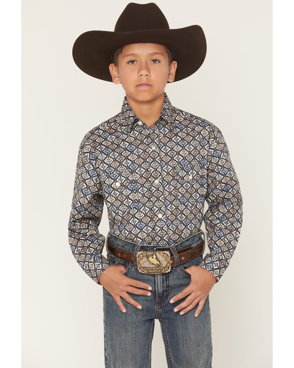 Panhandle Slim Boys' Geo Print Long Sleeve Snap Stretch Western Shirt, Navy, hi-res