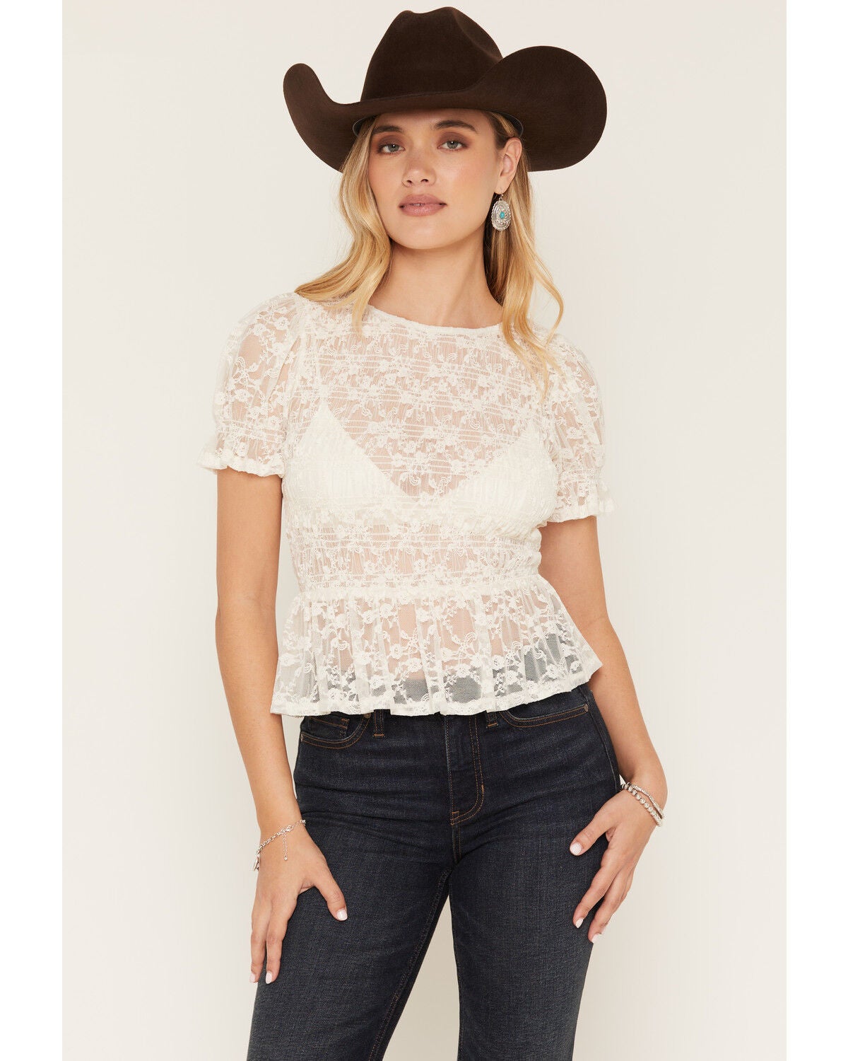 Ash & Violet Women's Ruching Lace Short Sleeve Tee, White, hi-res