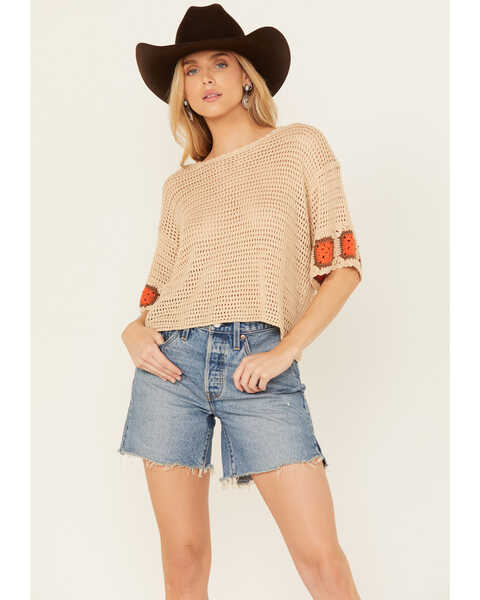 Image #1 - Revel Women's Oversized Short Sleeve Crochet Shirt , Tan, hi-res