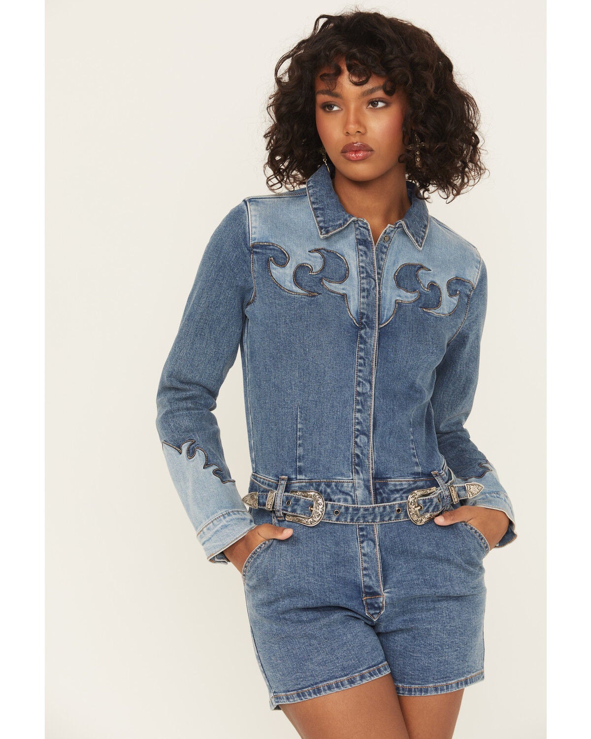 Rock & Roll Denim Women's Medium Wash Long Sleeve Snap Stretch Denim Romper, Medium Wash, hi-res
