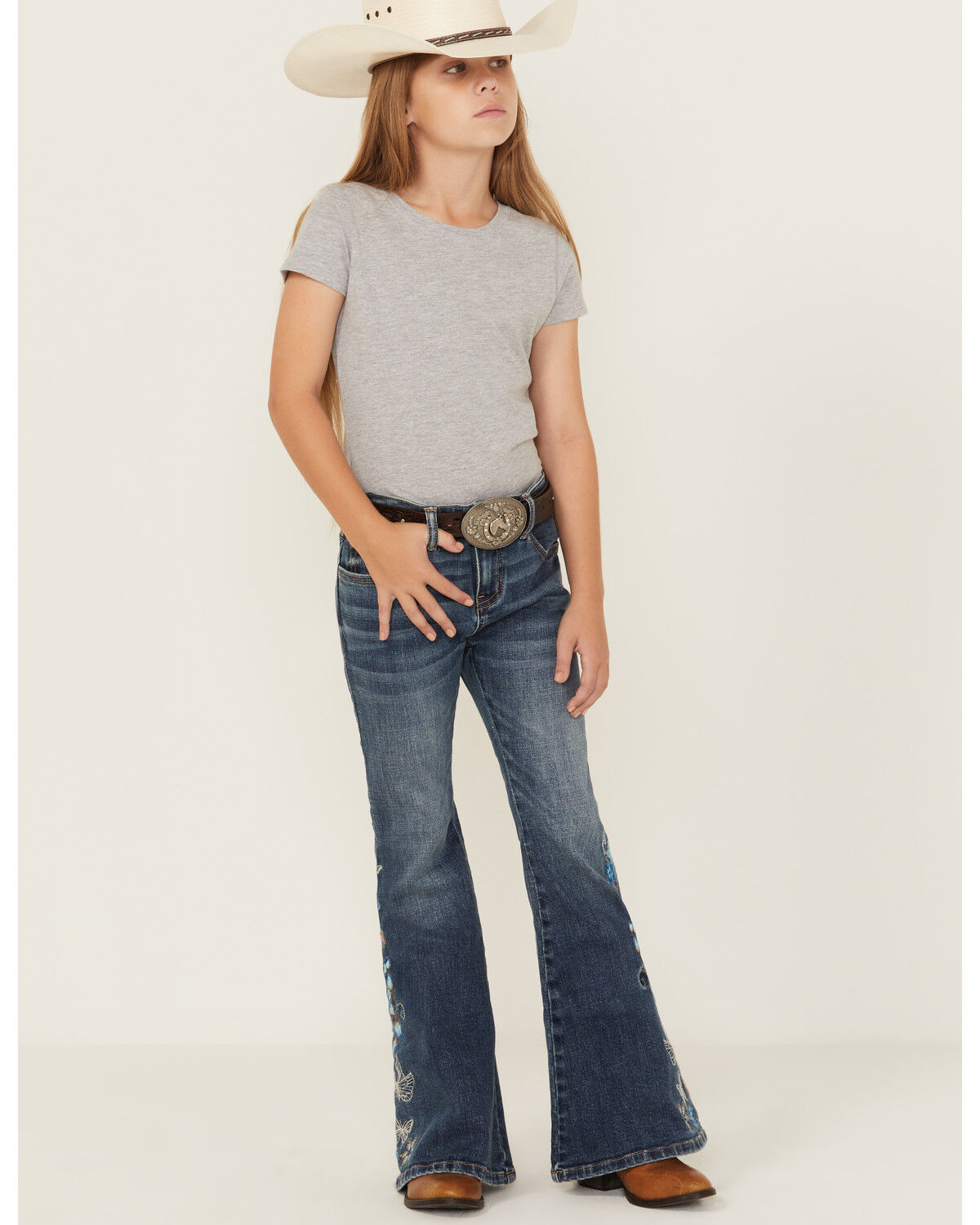 Image #3 - Shyanne Little Girls' Althea Floral Embroidered Flare Stretch Denim Jeans, Medium Wash, hi-res
