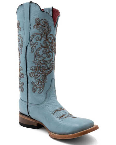 Image #1 - Ferrini Women's Ella Floral Cross Western Boots - Broad Square Toe , Aqua, hi-res