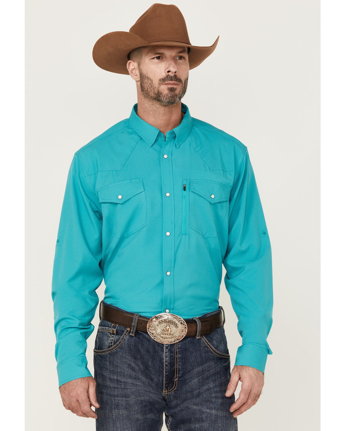 Image #1 - RANK 45® Men's Roughie Tech Long Sleeve Pearl Snap Western Shirt, Turquoise, hi-res