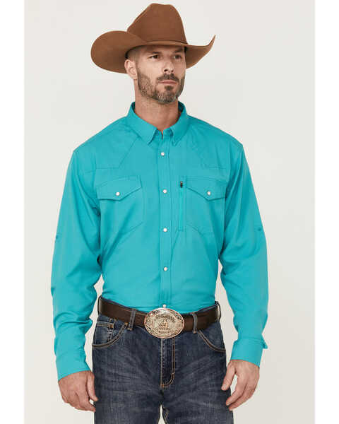 RANK 45® Men's Roughie Tech Long Sleeve Pearl Snap Western Shirt , Turquoise, hi-res
